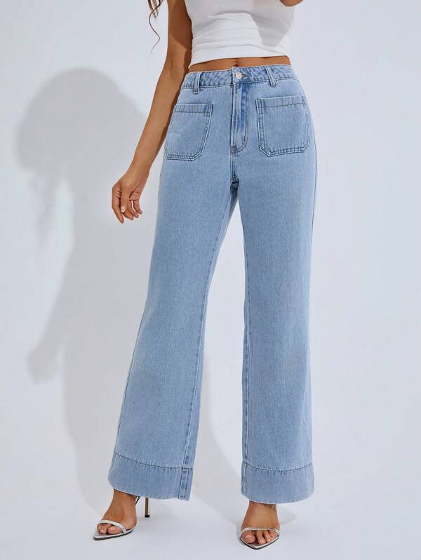 Lyandra Women's Fashion Wide Leg Casual Straight Loose Double Pocket Jeans