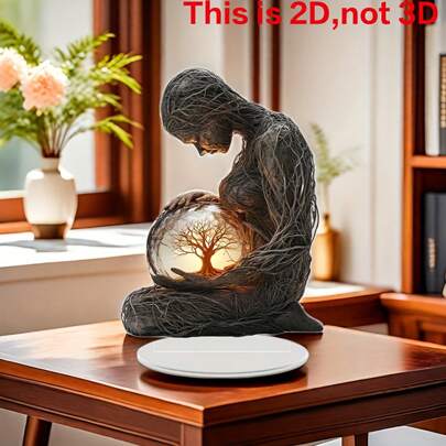 2D 亚克力桌面装饰，生命树平面设计，波西米亚风格，优雅的家居和办公室装饰，适合生日和毕业典礼，雕塑女性人物，内部带有发光树，无需电池