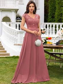 MIUSOL V领亮片蕾丝短袖荷叶边雪纺长裙，优雅女士派对礼服，正式晚礼服，舞会礼服，适合婚礼宾客、毕业典礼、盛大晚宴及其他场合。 - 藕粉色 - 查看 7