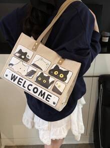 Cartoon Print Large Capacity Canvas Tote Bag,Women's Handbag,Shoulder Bag,Casual Commuting And School Bag,Spring/Summer 2025 New Arrivals