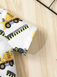 Set de 2 piezas Camisa polo de manga corta con estampado de vehículos de construcción y pantalones cortos deportivos de color liso, adecuado para uso casual, diario, vacaciones y fiestas, para niños, de algodón suave y cómodo