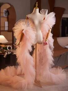 Phụ kiện khăn choàng và mạng che mặt cô dâu phong cách Châu Âu và Mỹ kèm áo choàng dài cho váy dạ hội trang trọng, váy dạ hội cho người dẫn chương trình - Thịt hồng - Xem 2