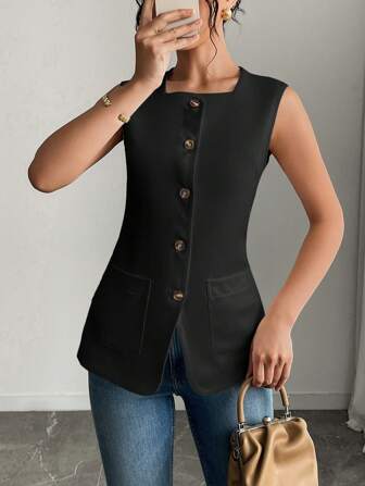 Women's Casual Elegant Cinched Waist Jacket Vest With Button Pockets, College Style Back To School
