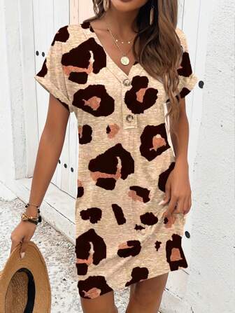 Casual Leopard Print V-Neck Button Decor Dress