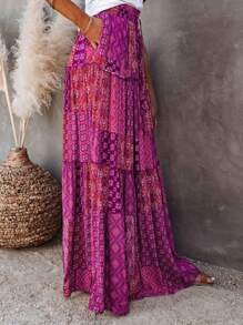 Women's New Bohemian Style High Waist Skirt, Loose Casual Elegant Color Block Floral Print Patchwork Lace Hem Skirt, Spring/Summer - Màu đỏ tím - Xem 4