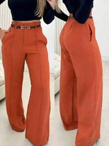 Women's Elegant Tailored Wide Leg Pants With Belt - Tile - View 2