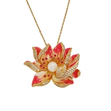 Stunning Enamel Red Lotus Pendant Necklace On Gold Chain, Embellished With Pearl And Cz - Pink - View 1