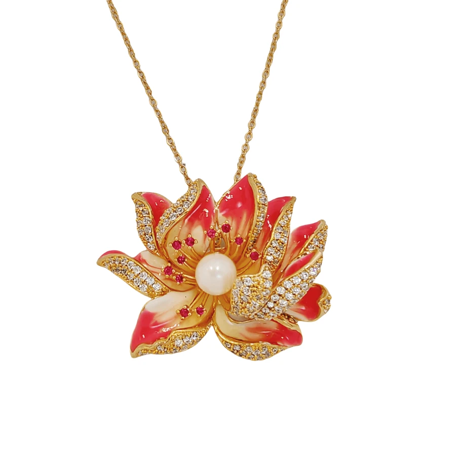 Stunning Enamel Red Lotus Pendant Necklace On Gold Chain, Embellished With Pearl And Cz - Pink - View 1