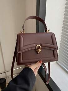 优雅纯色时尚手提包，复古女式翻盖钱包，PU 斜挎单肩包，带顶部提手