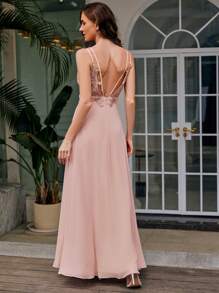 EVERPRETTY Summer Elegant Solid V-Neck Ruched Draped Split Pink Bridesmaid Dresses For Graduation - Baby Pink - View 4