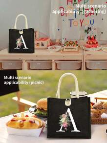 Letter Pattern Handbag Floral Print Linen Handbag Button Decorated Handbag Minimalist Large Capacity Handbag Portable Casual Storage Handbag - Black - View 8