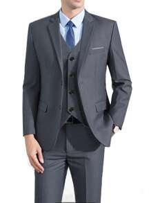 SuitGent 大码男士三件套西装，适合婚礼穿着，包括酒红色外套、西裤和马甲，修身剪裁，尽显奢华正式，是新郎秋季婚礼派对的理想之选。 - 深灰色 - 查看 1