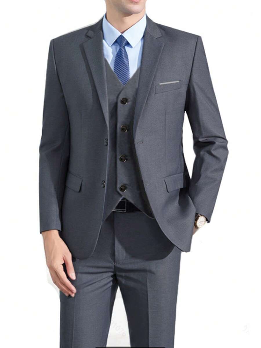 SuitGent 大码男士三件套西装，适合婚礼穿着，包括酒红色外套、西裤和马甲，修身剪裁，尽显奢华正式，是新郎秋季婚礼派对的理想之选。 - 深灰色 - 查看 1