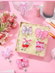 1PC/5Pcs Pink Bow Badge Reel For ID Card Badge Retractable Badge Holder Cute Name Holders Clip For Medical Worker Nursing Student, School Supplies,Back To School
