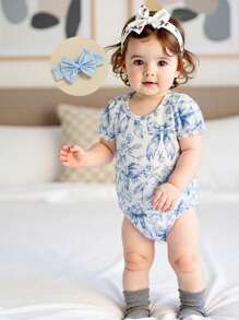 Baby Girl Bow Print Romper Ruffle Sleeve Bodysuit With Bow Headband Cute Summer Clothes 2Pcs Set - Blue - View 6
