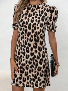 New Women's Leopard Print Round Neck Puff Sleeve Casual Short Sleeve Dress, Spring/Summer