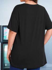 大码黑色落肩 T 恤 - 宽松休闲女士衬衫，适合健身和日常穿着女士百搭时尚修身长款黑色 T 恤夏季运动凉爽舒适夏季亮眼清爽百搭简单字母 90 年代磁带音乐印花 - 黑色 - 查看 2