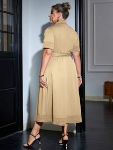 Sollinarry Váy denim hiệu ứng tương phản nhiều túi có thắt lưng trang trí cỡ lớn cho nữ, mùa xuân - Màu Khaki - Xem 4