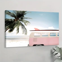 1pc Framed Canvas Poster, Pink Car With Surfboard And Palm Ocean Painting Wall Art Canvas Paintings, Ideal Gift For Bedroom Living Room Corridor Wall Art Room Decoration