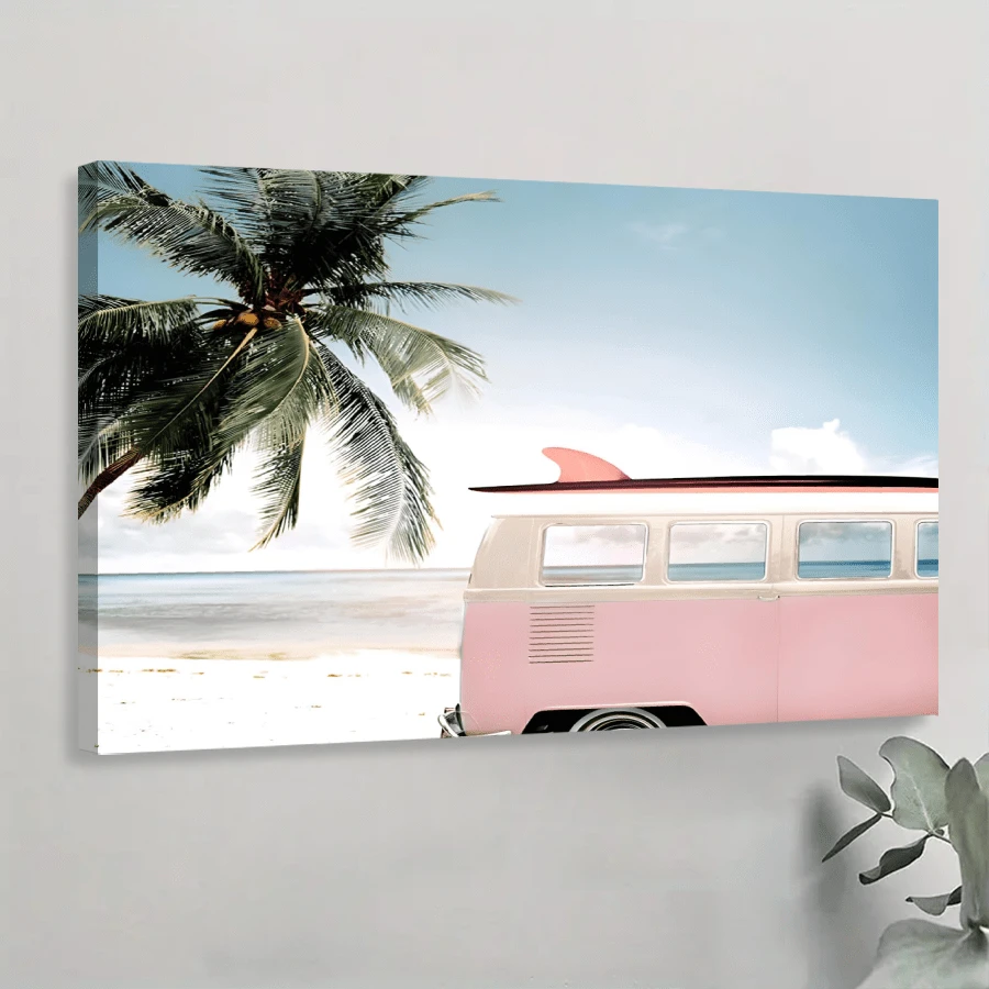 1pc Framed Canvas Poster, Pink Car With Surfboard And Palm Ocean Painting Wall Art Canvas Paintings, Ideal Gift For Bedroom Living Room Corridor Wall Art Room Decoration