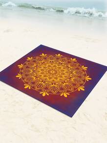1pc New Oriental Art Style Rectangular Lightweight Beach Blanket Multi-Purpose Water And Sand Resistant Deep Red Background With Gold Mandala Design Rug Digital Printing Fabric Picnic Blanket Beach Essentials