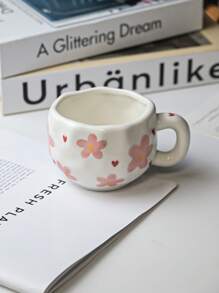 1pc Handmade Ceramic Mug, Asymmetrical Hand-Painted Cute Pattern, Flower Decor Mug, Everyday Drinkware For Office & Home, Suitable For Afternoon Tea, Coffee, Breakfast Oatmeal & Milk, Great Gift For Holidays & Birthdays Back To School