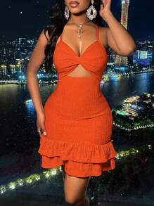 女士性感纯色时尚纹理扭结系带双层荷叶边下摆吊带迷你紧身连衣裙，完美适用于派对和鸡尾酒会 - 橘色 - 查看 4