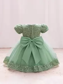 H HIBOBI 女婴3D立体花朵贴花亮片细节大蝴蝶结露背网纱派对礼服