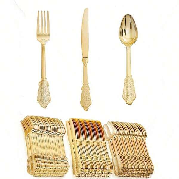 100-Piece Golden Party Decorative Cutlery Set (Reusable And Cleanable) Includes 25 Pieces Of Knife, 25 Pieces Fork, 25 Pieces Of Tablespoons, High Quality Wedding Holiday Cutlery With Vintage Patterns For Large Events, Parties, Weddings, Weddings, Weddings, Weddings, Birthdays, Dinners And New Year