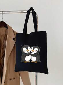 2pcs/Set Cute Penguin Print Handbag - Women's Fashion Tote Bag With Small Zipper Cosmetic Pouch, Reusable Shopping Bag, Compact Design For Daily Use - Black - View 3