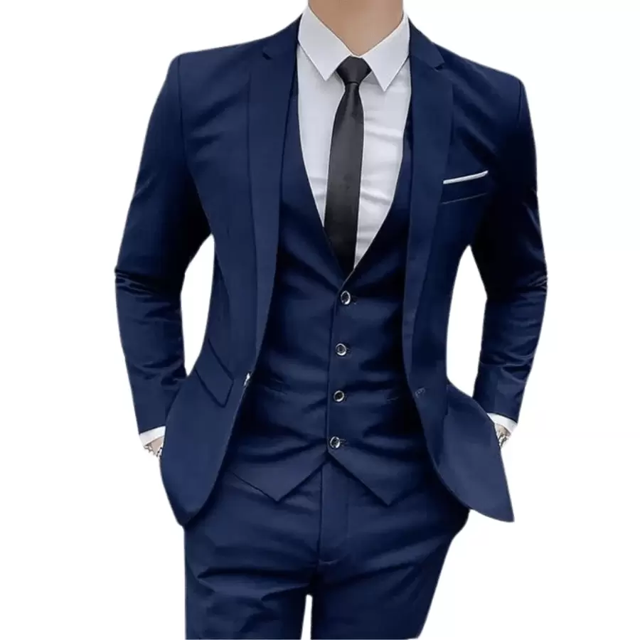 Men's 3-Piece Formal Set – Slim Suit With Integrated Vest - Navy Blue - View 1