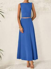 Women Summer Two Piece Skirt Set Outfits Casual Sleeveless Tank Top Elastic Waist Flowy Long Maxi Skirt Night Out Going Out Beach Resort Wear Outfits - Blue - View 4