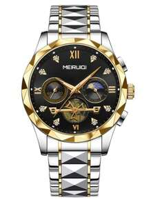 1 pieza Reloj de pulsera de cuarzo para hombres con correa de acero inoxidable, diseño de fase lunar, elegante y