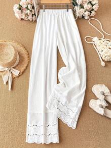 Ladies' Spring And Summer Elegant Casual Fashion Embroidered Lace Edge Women's Bell Bottom Pants - White - View 1