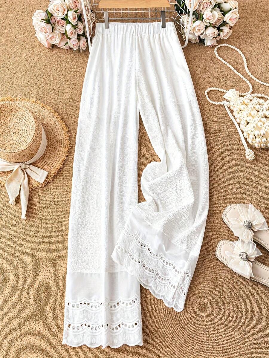 Ladies' Spring And Summer Elegant Casual Fashion Embroidered Lace Edge Women's Bell Bottom Pants - White - View 1