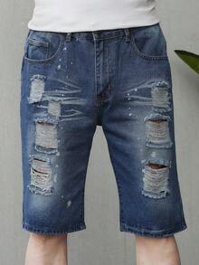 Quần short denim dài vừa phải dáng ôm thẳng rách rưới cỡ lớn dành cho nam - Rửa trung bình - Xem 9