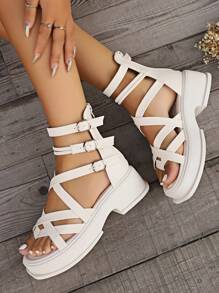 2025 Summer New Niche Thick Sole Women's Roman Sandals, Fashion Criss-Cross Strap Black Color Plus Size High-Top Sandals, Women's High Heel Sandals - Beige - View 5