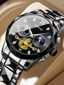 1 pieza Reloj de pulsera de cuarzo para hombres con correa de acero inoxidable, diseño de fase lunar, elegante y