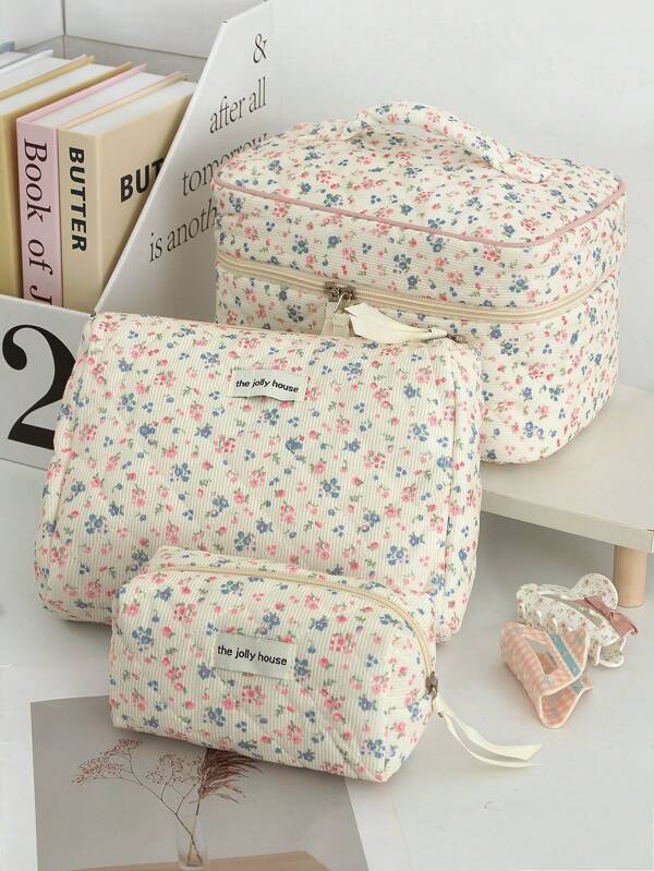 1pc Beige Floral Pattern Makeup Bag, Zipper Style Large Opening, Portable Travel Makeup Bag, Bathroom Wash Bag, Jewelry Storage Bag. Can Store Cosmetics, Lipstick, Jewelry, Sanitary Napkins, Brushes, Pads, Change, Keys, Headphones, This Is A Cute Makeup Bag And Cosmetic Storage Bag Suitable For Women, Girls, Teenagers, And Students. Birthday Gift, Holiday Gift. Summer Bathroom Decor Makeup Organizer Bathroom Accessories Back To School