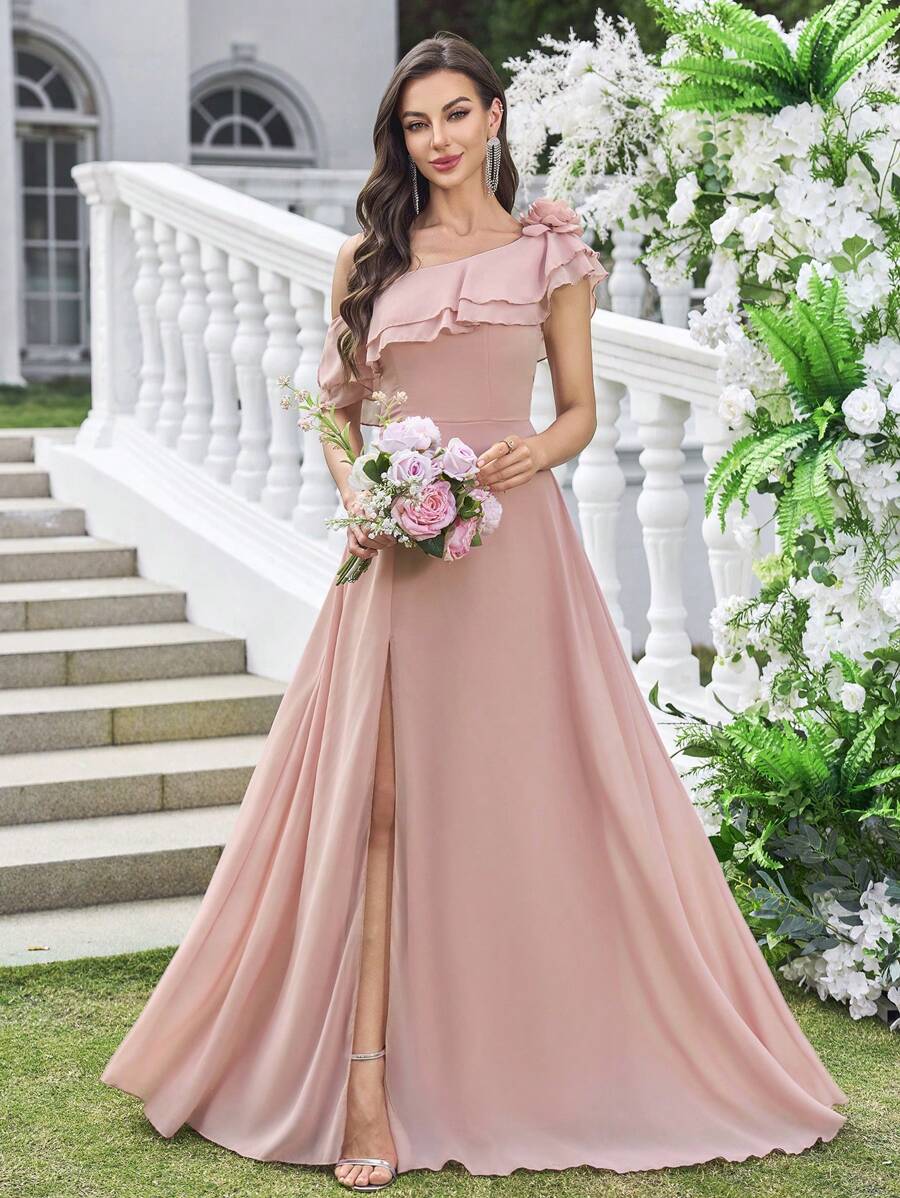 UNITHORSE 不对称袖荷叶边奢华 3D 花卉装饰收腰 A 字型超长宴会礼服、派对礼服、婚礼宾客礼服、正式礼服、晚礼服、长袍 - 粉色 - 查看 1