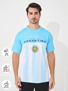 SURUIDA 1pc Men's Argentina Football Sports Jersey, Comfortable T-Shirt Suitable For Team Matches, Sports, Daily Wear, Summer - Blue and White - View 3