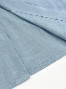 女士时尚宽松休闲舒适透气纽扣开叉设计短袖长款连衣裙 - 藍色 - 查看 5