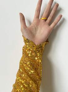 1 双优雅亮片拼接鱼鳞纹长手套，50厘米女士无指手套，春夏季