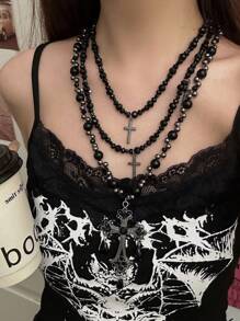 2pcs Ascension Day Cross & Crystal Tassel Beaded Necklace Set, Black Resin & Metal Material, Gothic Style, Suitable For Women Party/Daily Wear - Black - View 3