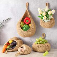 1 Stück/3 Stücke/6 Stücke, Hängende Küchenkörbchen - Boho Wandhängekorb, handgewebter tränenförmiger Obst- und Gemüsekorb für Küchenwand, Zuhause, Restaurant, Knoblauch, Gemüse Wandpflanzer, 6 Größen