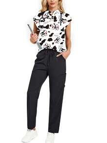 2pcs Cow Print V-Neck Crop Top & Pants Lounge Set Scrub Set - Multicolor - View 7