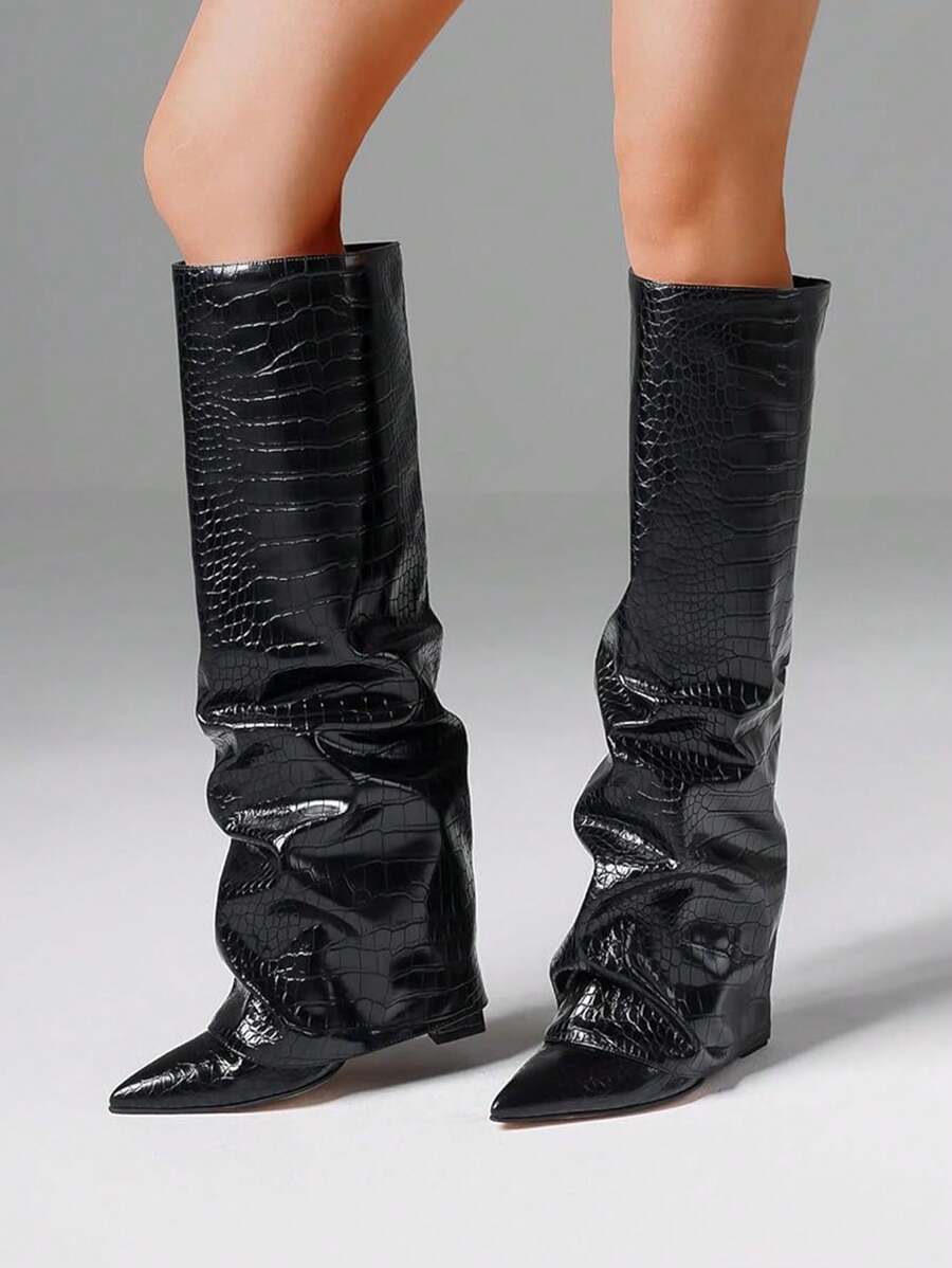 Knee High Fold Over Shark Boots For Women Slouchy Pointed Toe Block Thick High Heels Pull On Fashion Punk Pleated Boots Woman - 黑色 - 查看 1