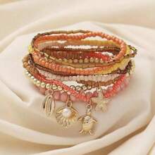 PHCOO 9pcs/Pack Bohemian Style Beaded Bracelets, Shell, Starfish, Turtle Designs, ABS Material, Suitable For Beach Vacation And Daily Wear