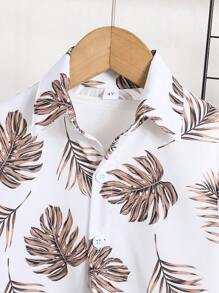 Set de 2 piezas para niños pequeños: Camisa de manga corta con estampado de hojas + pantalones cortos de verano, estilo casual escolar para exterior - Caqui - Ver 4