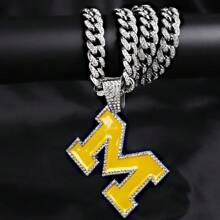 M Design Pendant Fashion Necklace, Rhinestone Decor Necklace For MIchigan Football Fans ,Hip Hop Jewelry For Party , All-Match & Exquisite Jewelry As Gift,Wolverines